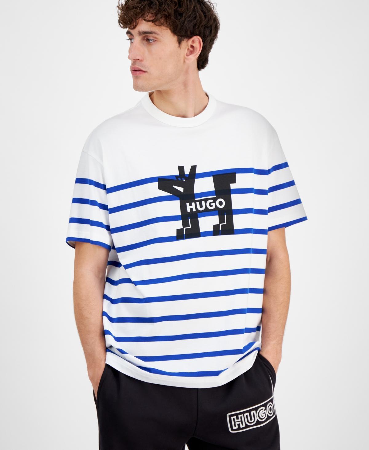 HUGO BOSS Men's Relaxed Fit Short Sleeve Striped Crewneck Logo T-shirt In White Product Image