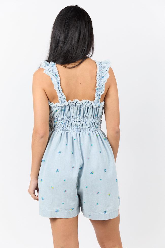 Big Sky Light Wash Denim Embroidered Romper SALE Product Image
