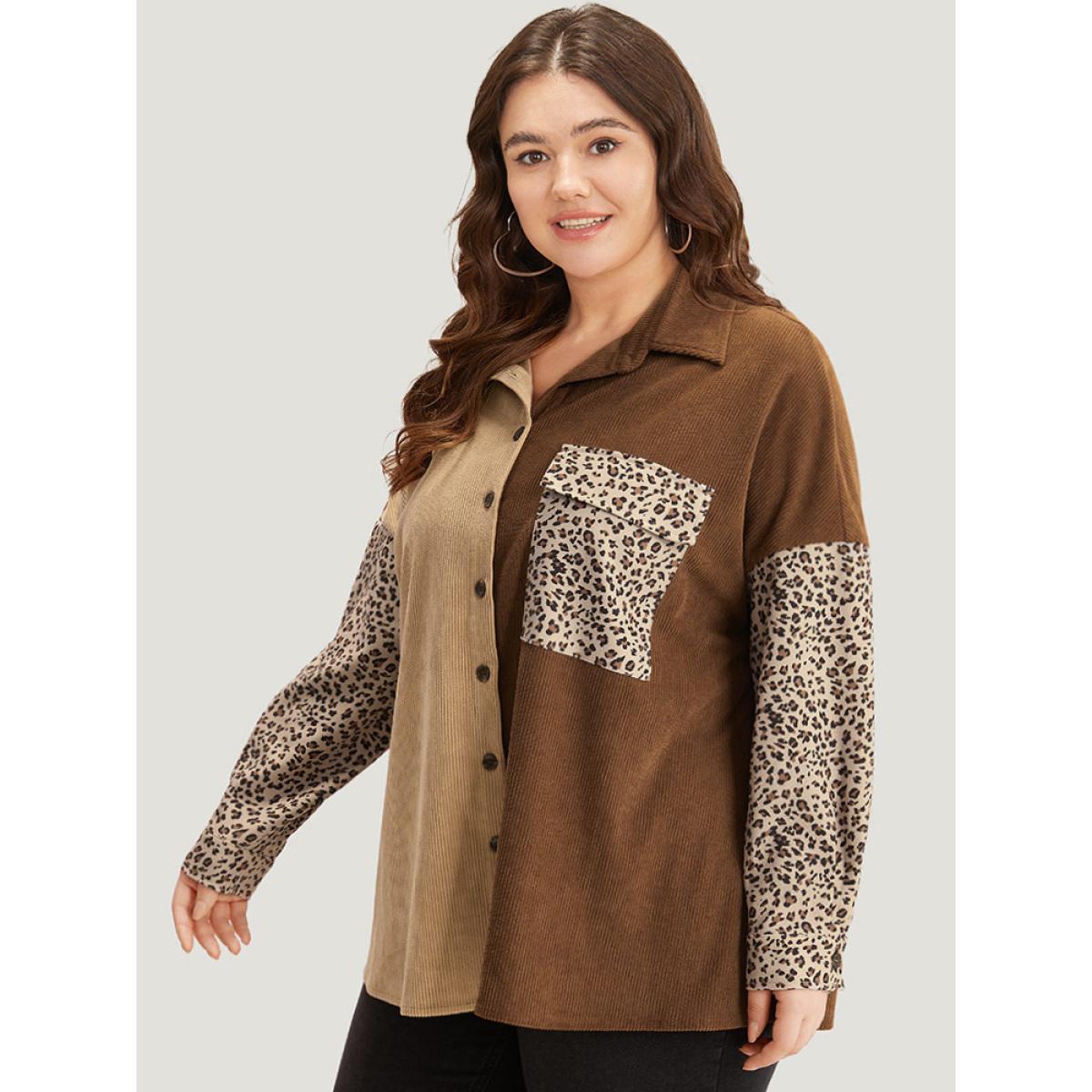 Plus Size Leopard Patchwork Pocket Contrast Button Through Coat Women DarkBrown Texture Pocket Dailywear Jackets BloomChic 10/M Product Image