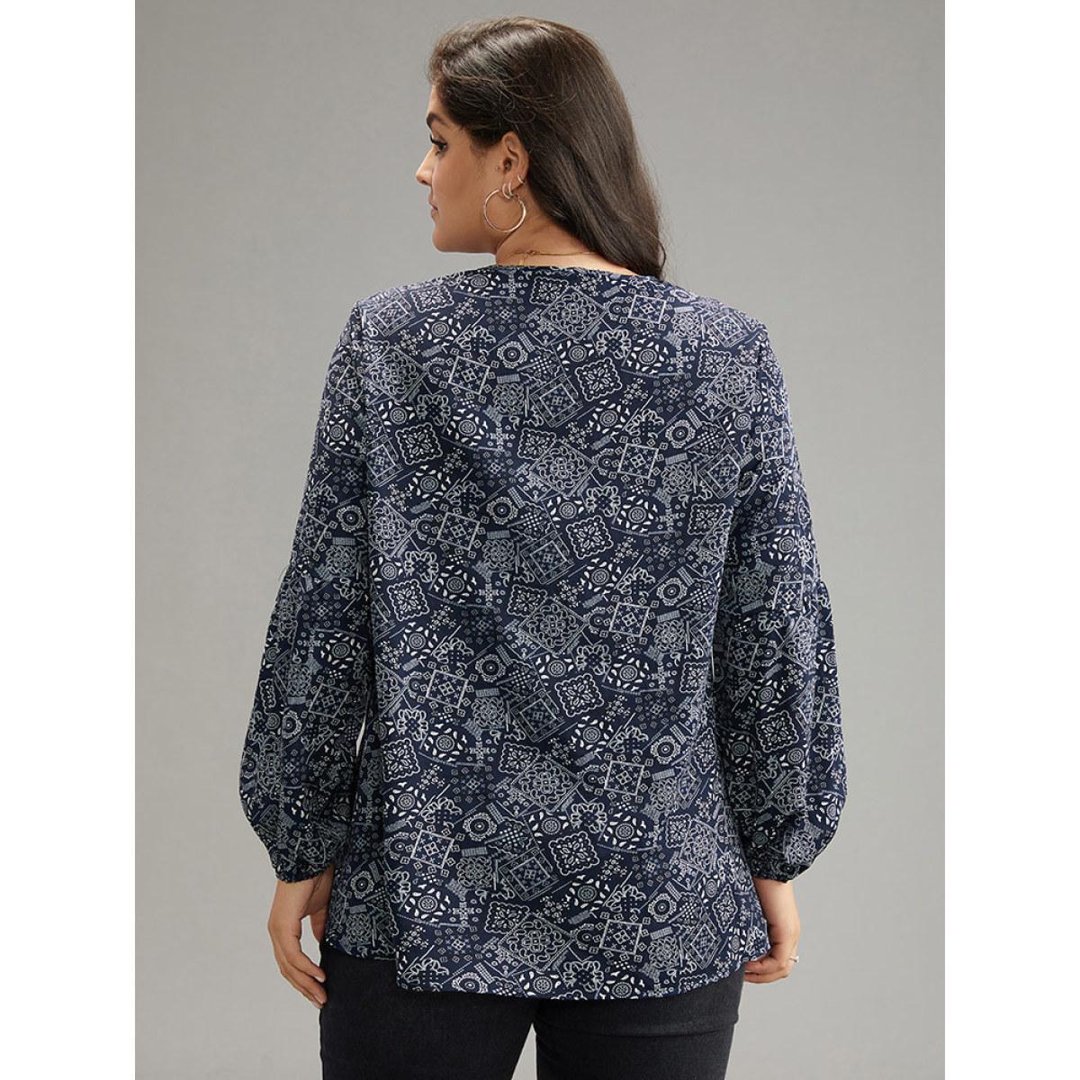 Plus Size Indigo Bandana Lace Insert Lantern Sleeve Blouse Women Resort Long Sleeve V-neck Vacation Blouses BloomChic 28/5X Product Image