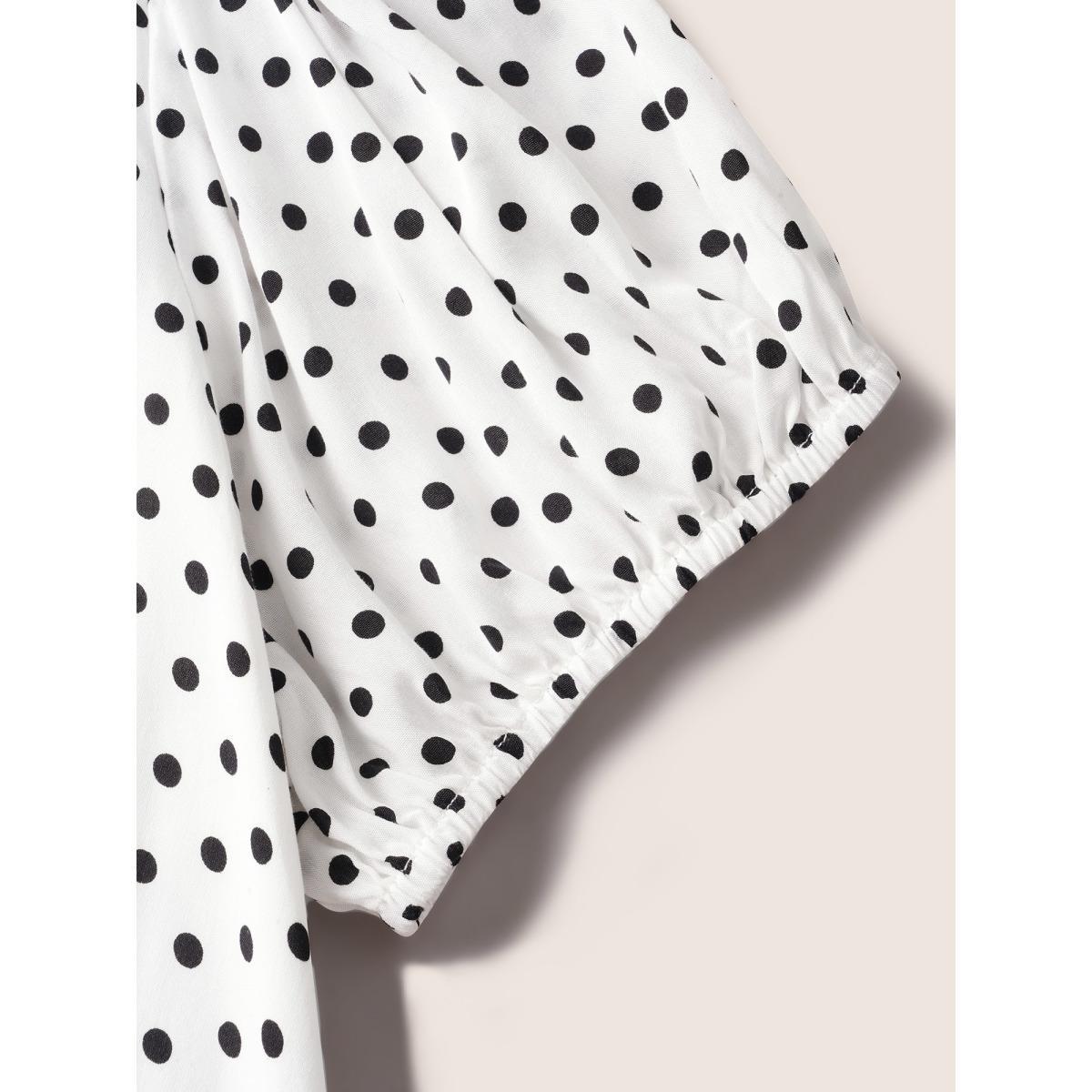 Plus Size Polka Dot Contrast Lantern Sleeve Midi Dress Black Women At the Office Contrast V-neck Short sleeve Curvy BloomChic 30/6X Product Image