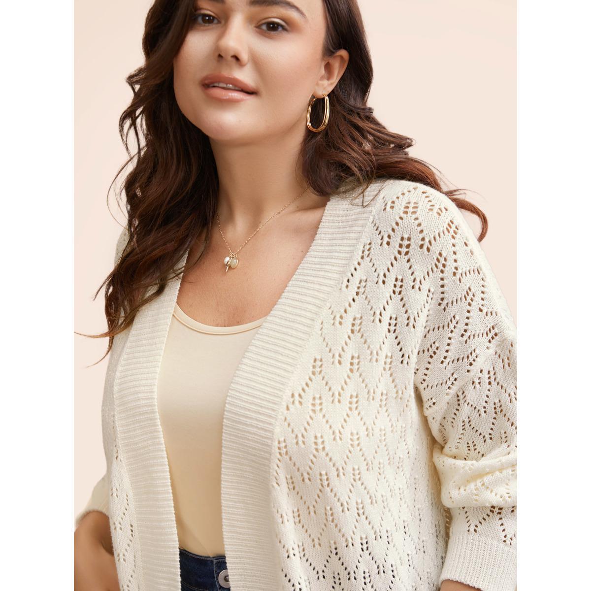 Plus Size Kimono Collar Patch Pocket Pointelle Knit Cardigan Beige Women Casual Loose Long Sleeve Everyday Cardigans BloomChic 22-24/3X Product Image