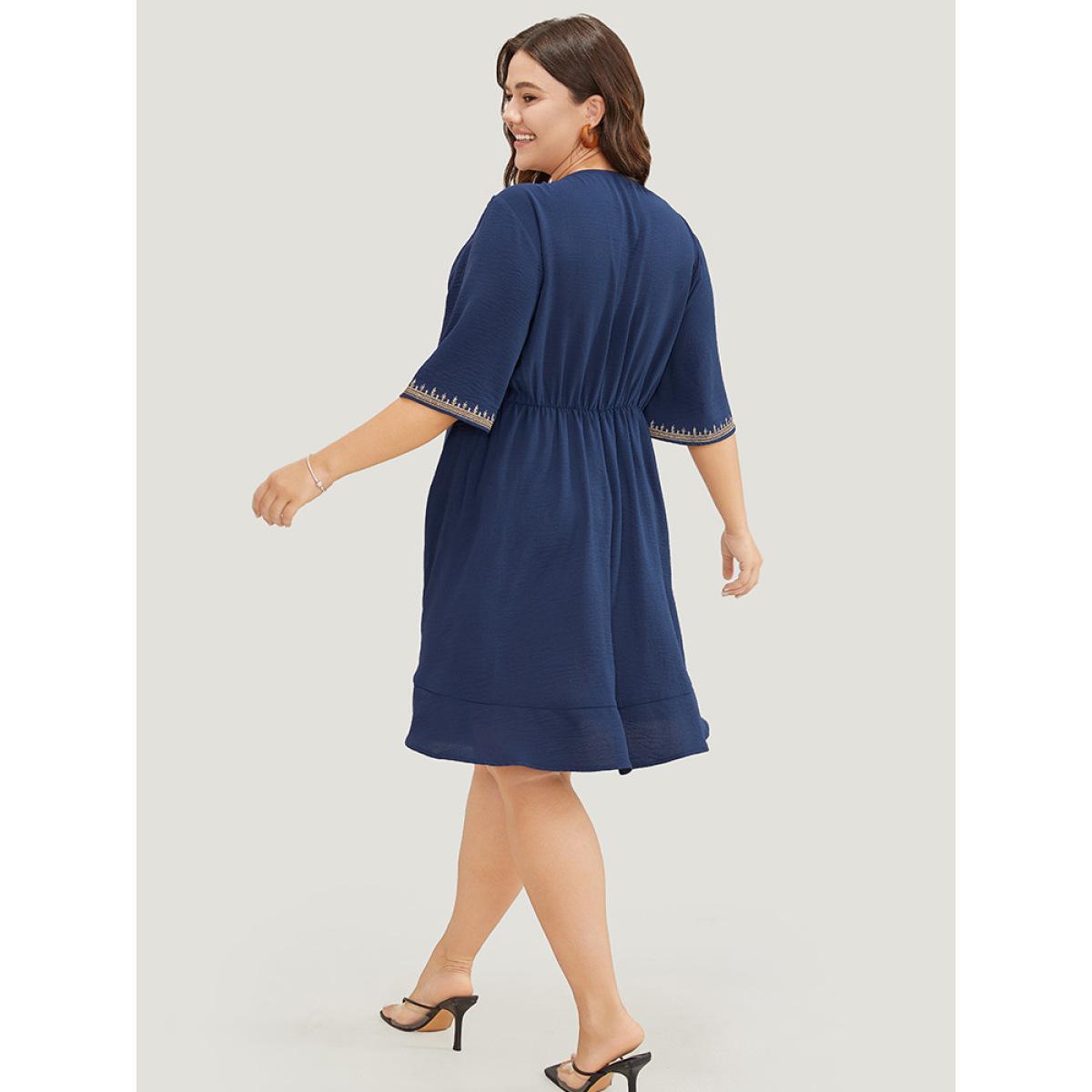 Plus Size Plant Embroidered Pocket Ruffle Sleeve Knee Dress Navy Women Vacation Embroidered Round Neck Short sleeve Curvy Knee Dress BloomChic 18-20/2X Product Image