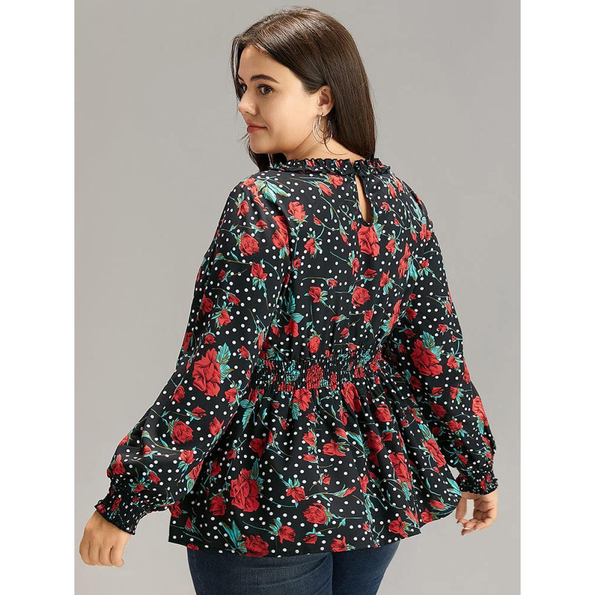 Plus Size BlackFlower Rose Print Shirred Frill Trim Lantern Sleeve Blouse Women Elegant Long Sleeve Round Neck Dailywear Blouses BloomChic 14-16/1X Product Image