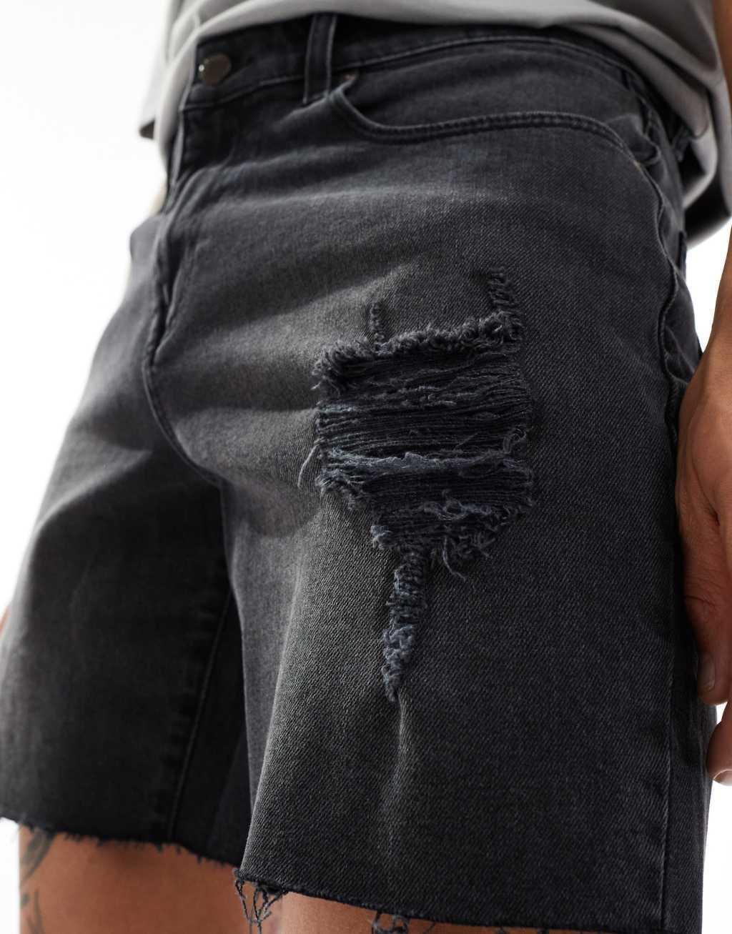ASOS DESIGN mid length slim denim shorts with rips in washed black Product Image