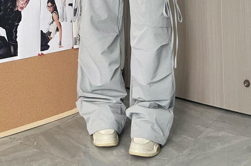 Drawstring Mid Rise Plain Baggy Cargo Pants Product Image