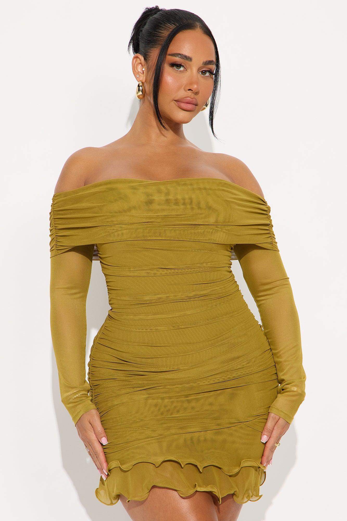 Tessa Mesh Off Shoulder Mini Dress - Chartreuse Female Product Image