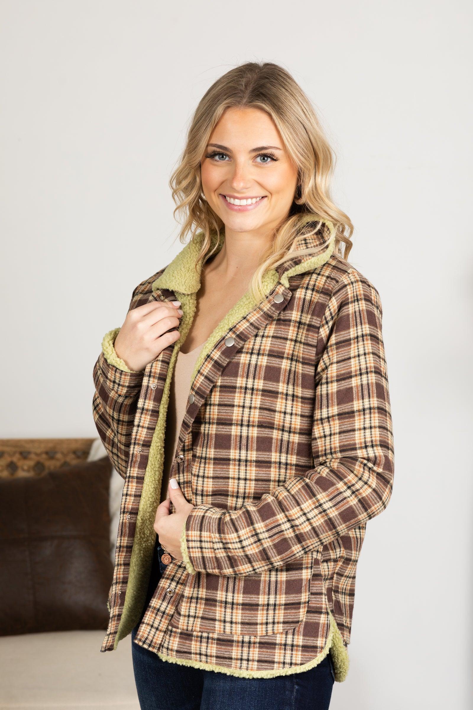 Light Olive Reversible Plaid and Sherpa Jacket Product Image