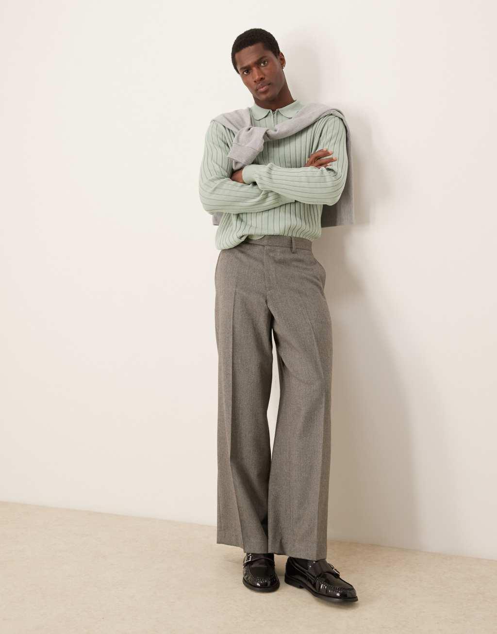 ASOS DESIGN essential knitted rib quarter zip polo sweater in light green Product Image