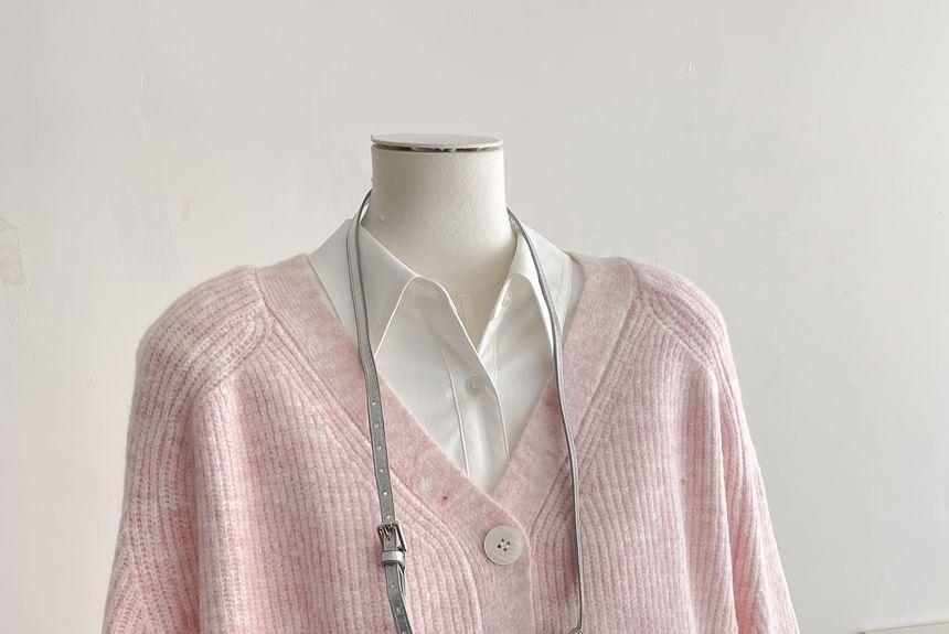 V-Neck Plain Ribbed Cardigan Product Image