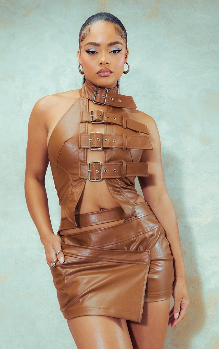 Tan PU Strap Cut Out Detail Micro Mini Skirt Product Image