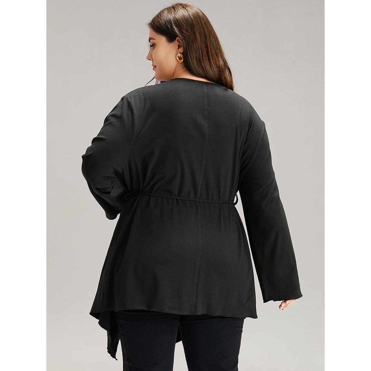 Plus Size Solid Rib Knit Ties Lapel Collar Kimono Women Black Casual Plain Belt Dailywear Kimonos BloomChic 18-20/2X Product Image