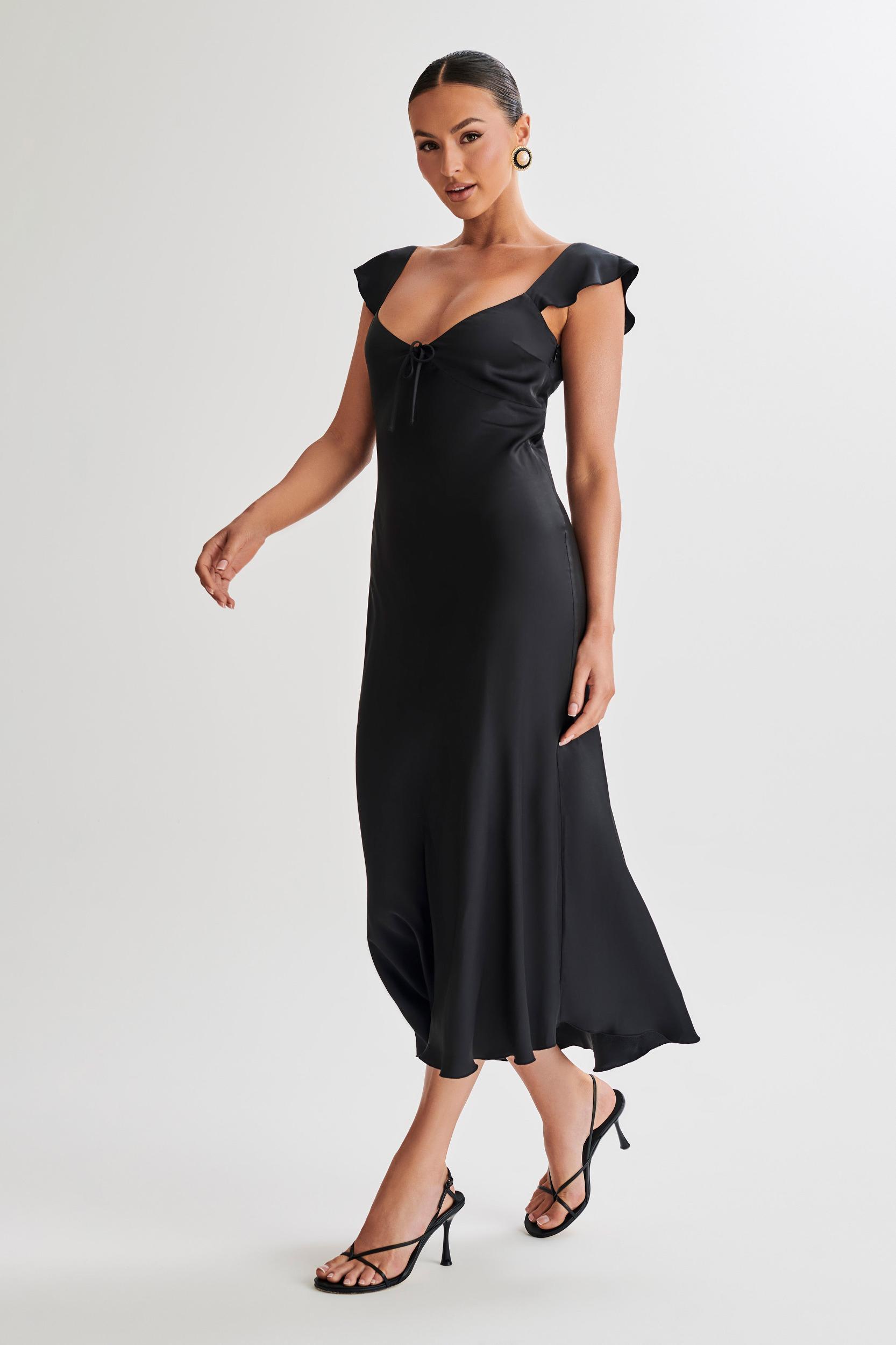Chantal Short Sleeve Satin Midi Dress - Black Product Image