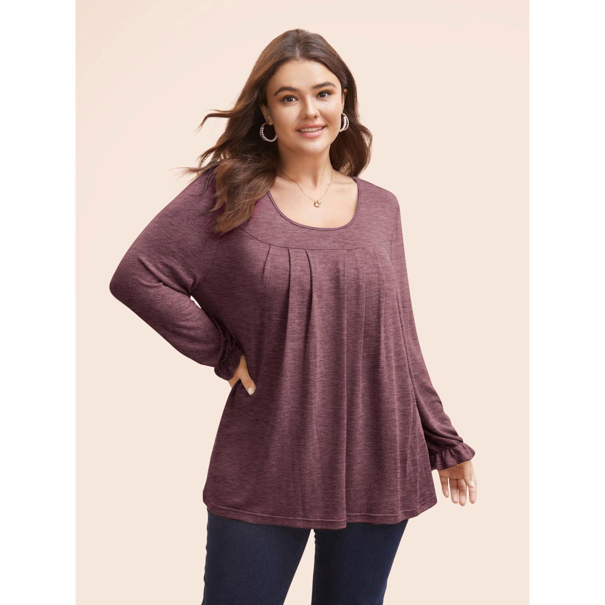 Plus Size Round Neck Heather Pleated T-shirt RedViolet Women Elegant Pleated Round Neck Loose Everyday T-shirts BloomChic 30/6X Product Image