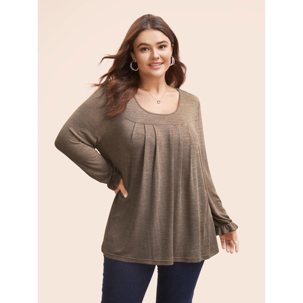 Plus Size Round Neck Heather Pleated T-shirt DarkBrown Women Elegant Pleated Round Neck Loose Everyday T-shirts BloomChic 28/5X Product Image