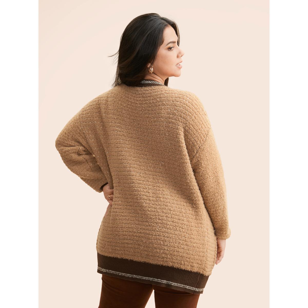 Plus Size Texture Contrast Drop Shoulder Sleeve Cardigan LightBrown Women Casual Loose Long Sleeve Everyday Cardigans BloomChic 14-16/1X Product Image