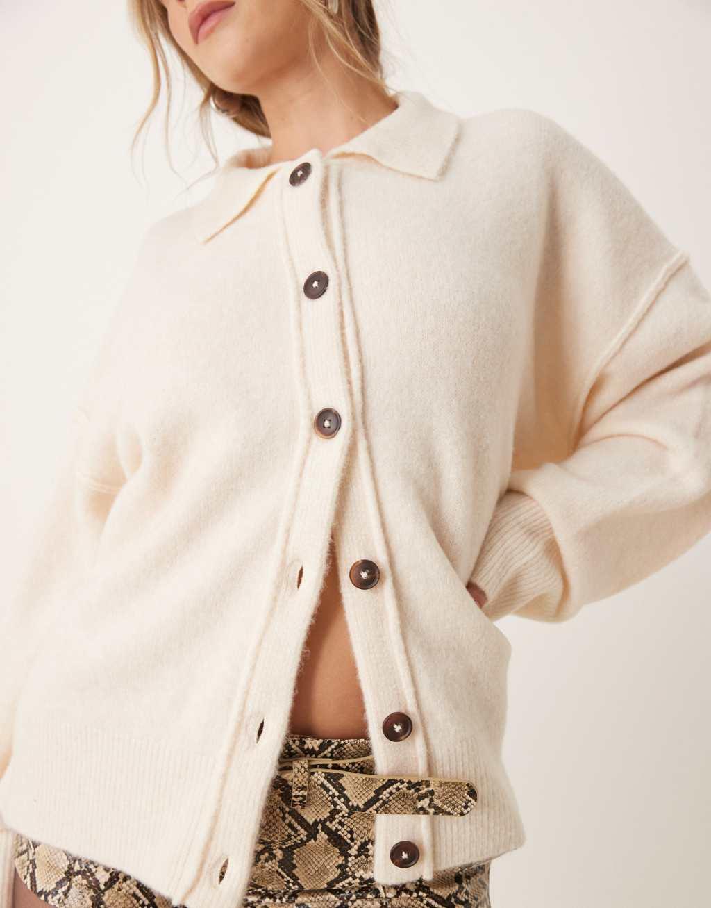 ASOS DESIGN knit collared shirt cardigan with seam detail in gray Product Image