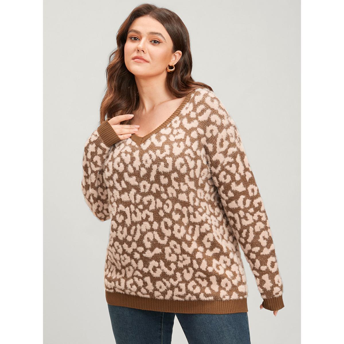 Plus Size Leopard Pointelle Knit V Neck Fluffy Knit Top Bronze Women Casual Loose Long Sleeve V-neck Dailywear Pullovers BloomChic 12/L Product Image