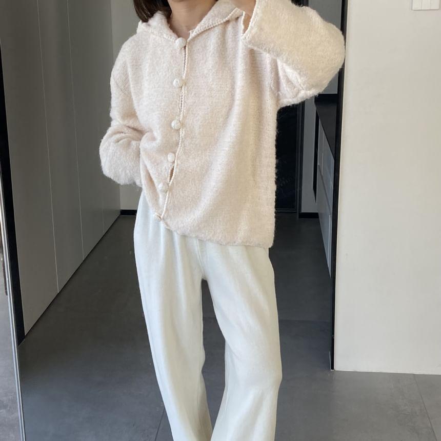 Hooded Plain Fluffy Button Cardigan Product Image