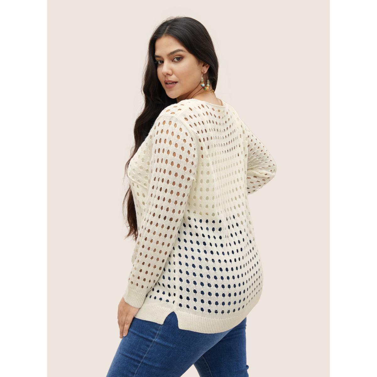 Plus Size Twist Front Pointelle Knit Split Hem Pullover Ivory Women Casual Long Sleeve Deep V-neck Everyday Pullovers BloomChic 12/L Product Image