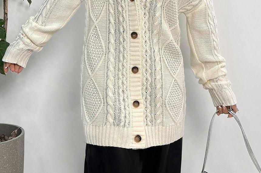 Button-Up Cable Knit Plain Cardigan Product Image