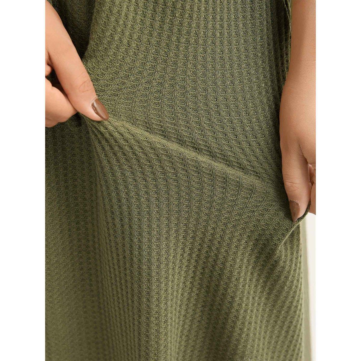 Plus Size Stretchy Textured Waist-Tie Midi Dress ArmyGreen Women Knit Dresses Bloomchic 18-20/2X Product Image