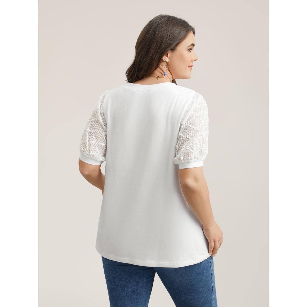 Plus Size Textured Bubble Lantern Sleeve T-Shirt Originalwhite Women Elegant Texture Round Neck Everyday T-shirts BloomChic 18-20/2X Product Image