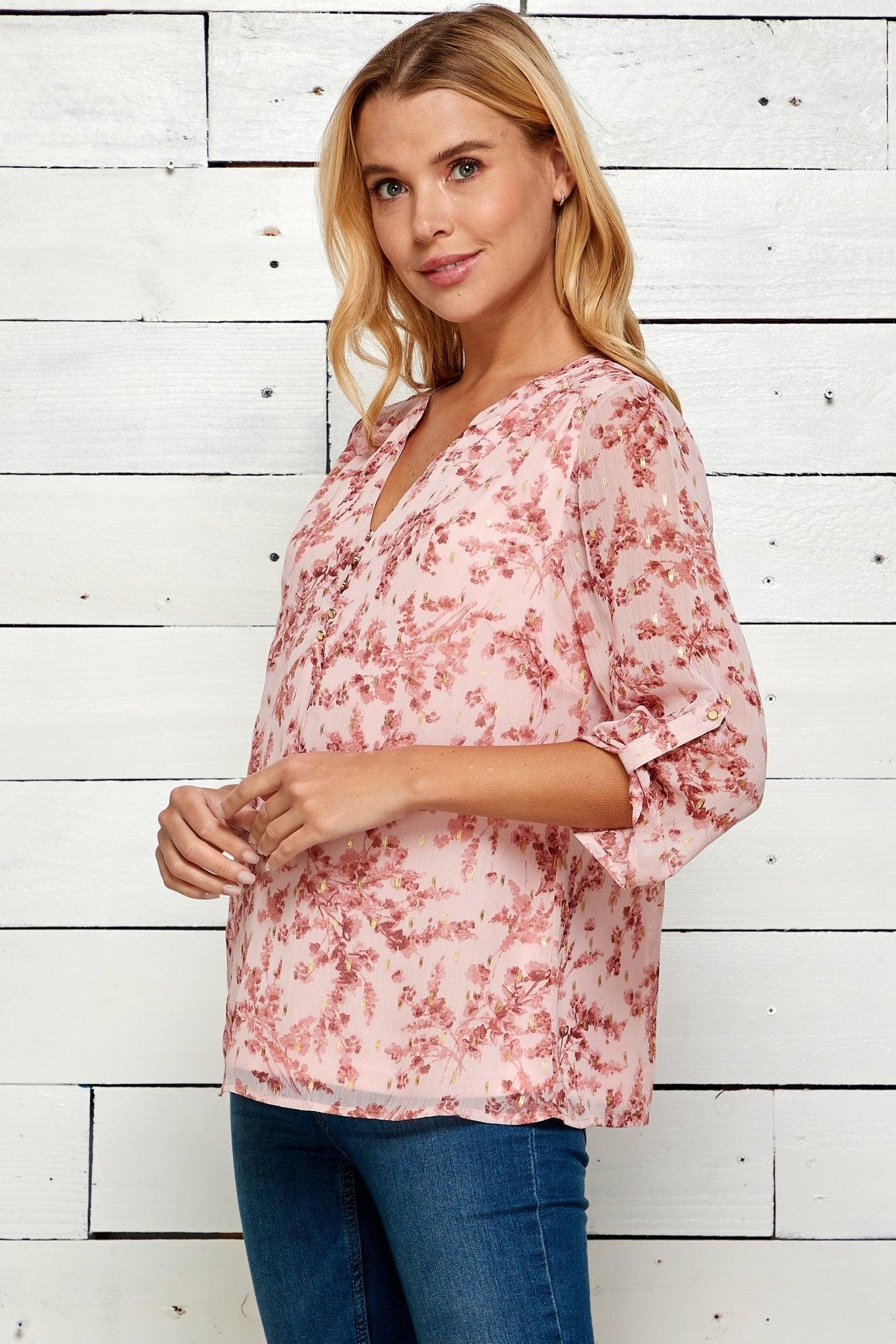 Roz & Ali 3/4 Tab Sleeve Popover Blouse Female Product Image