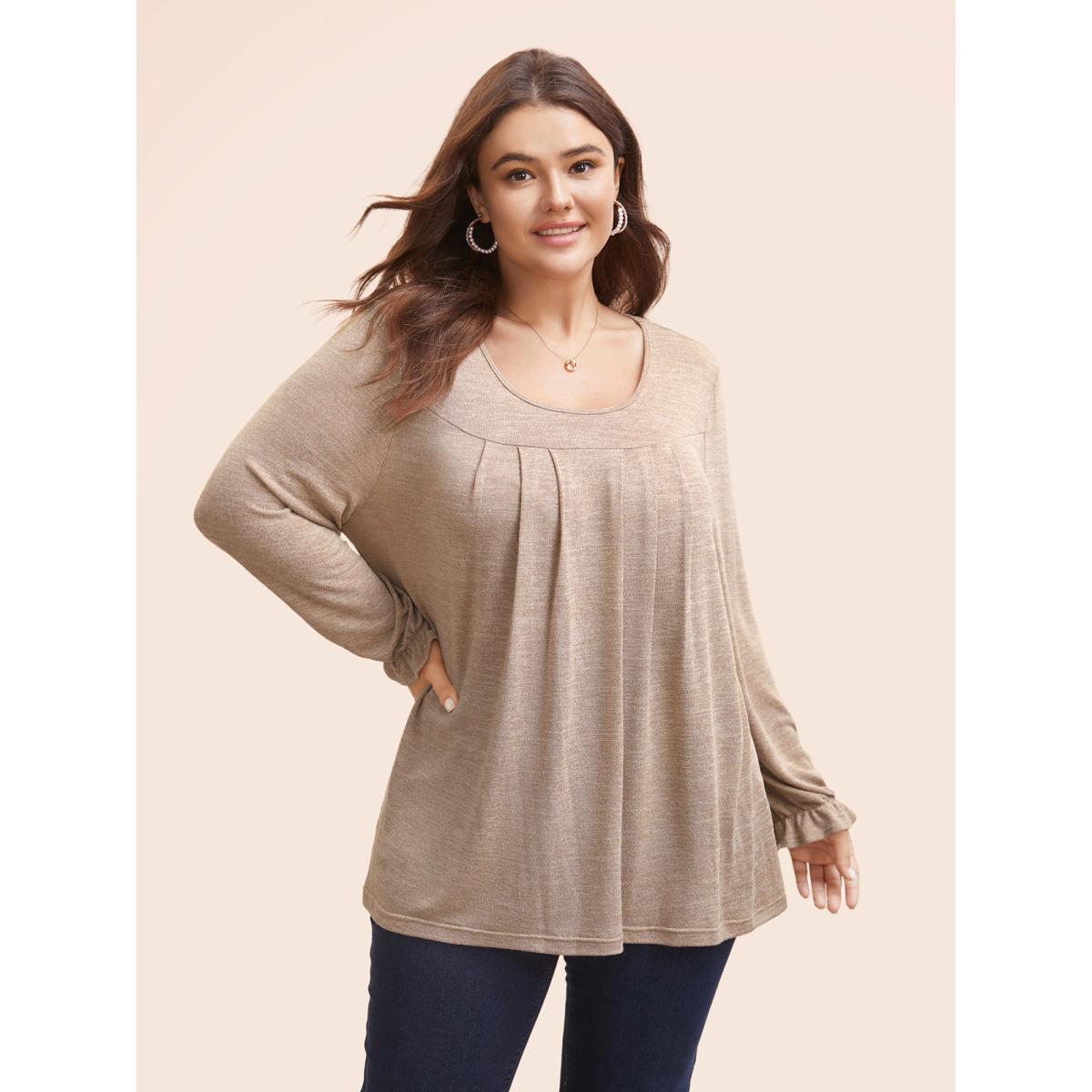 Plus Size Round Neck Heather Pleated T-shirt LightBrown Women Elegant Pleated Round Neck Loose Everyday T-shirts BloomChic 26/4X Product Image