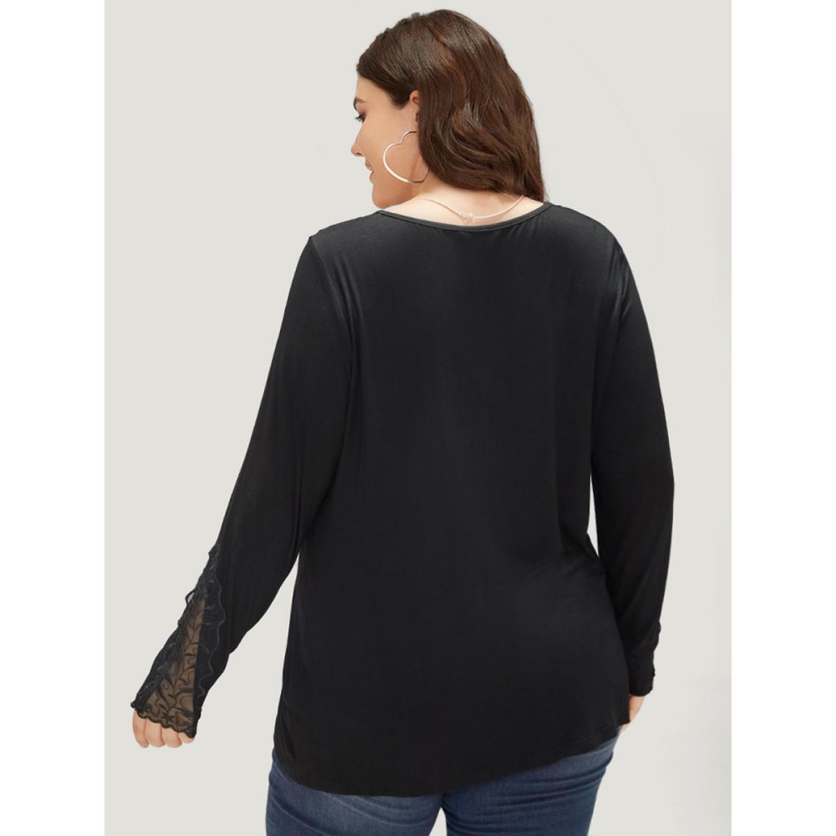 Plus Size Halloween Plain Crochet Lace Mesh T-shirt Black Women Elegant Plain Plain Round Neck Dailywear T-shirts BloomChic 26/4X Product Image
