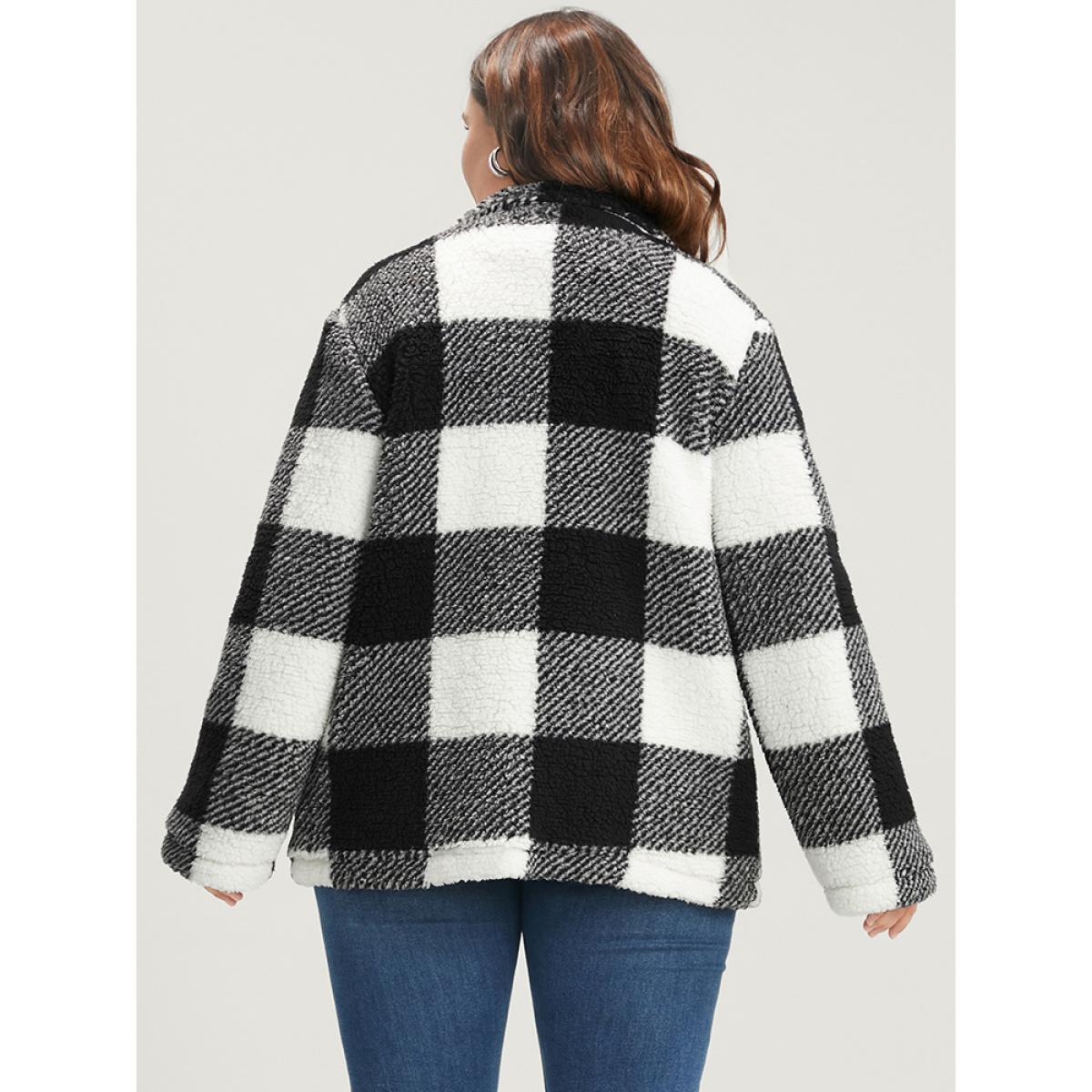 Plus Size Plaid Flap Pocket Button Front Coat Women Black Casual Button Ladies Dailywear Winter Coats BloomChic 30/6X Product Image