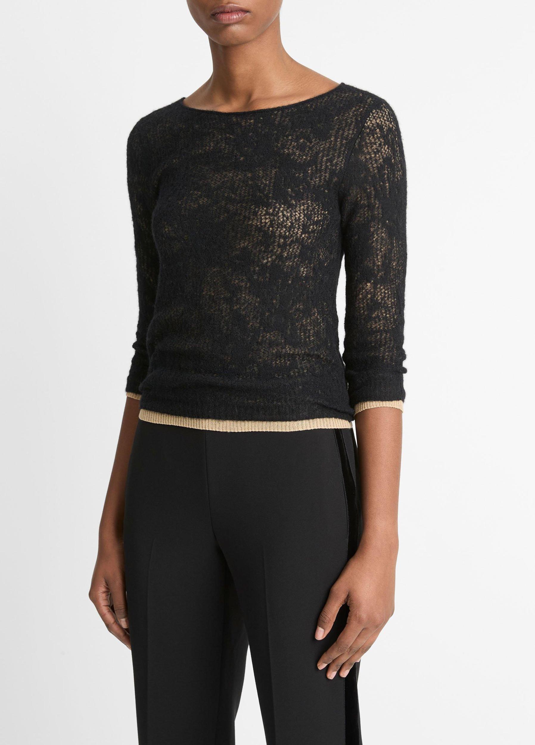 Lace-Stitch Italian Alpaca-Blend Layered Sweater Product Image