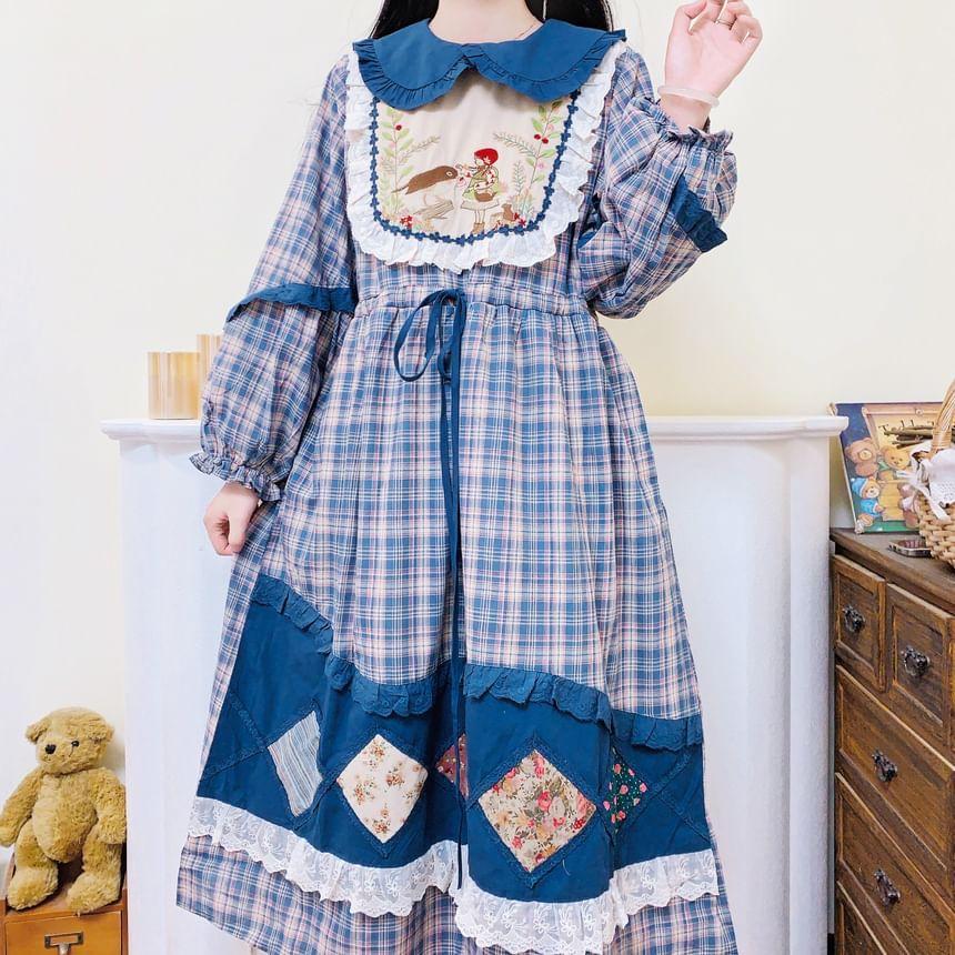 Long-Sleeve Collar Plaid Embroidered Patchwork Midi A-Line Dress Product Image