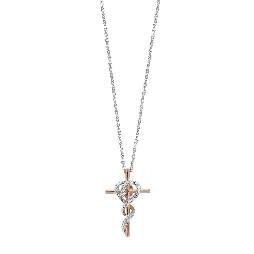 14k Rose Gold Over Silver Two Tone 1/10 Carat T.W. Diamond Cross Pendant, Women's, Size: 18" Product Image