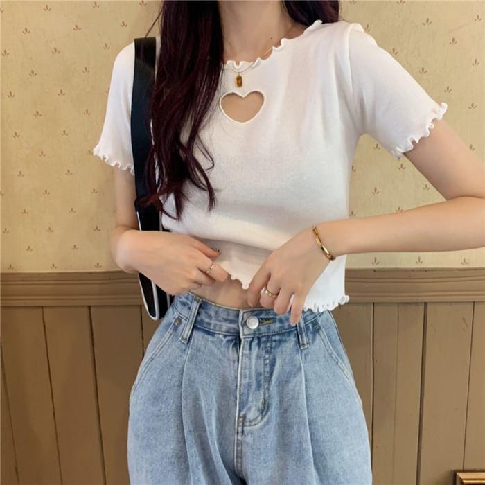 Short-Sleeve Heart Cutout Frill Trim Cropped T-Shirt Product Image