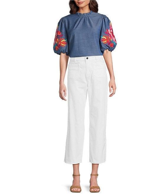 Calessa Embroidered Elbow Sleeve Ruffle Mock Neck Tunic Product Image