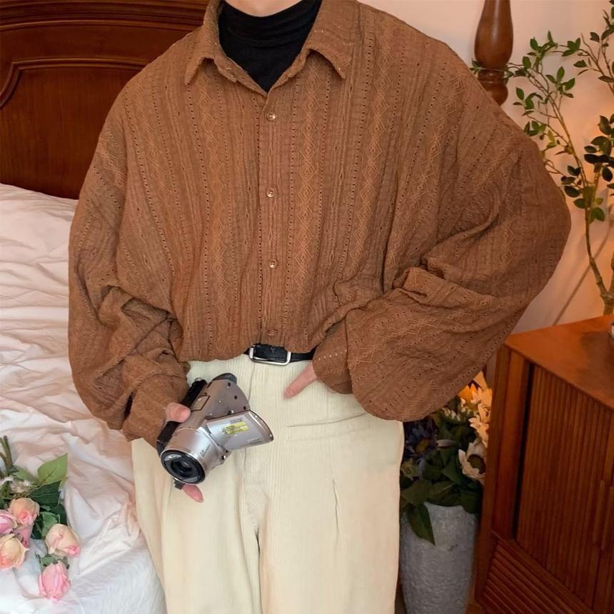 Long-Sleeve Patterned Oversized Shirt Product Image