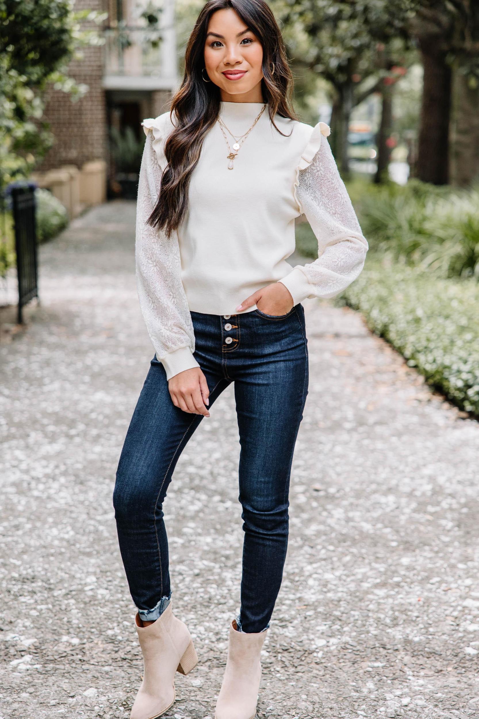 All Around The Way Natural White Ruffled Sweater Female Product Image
