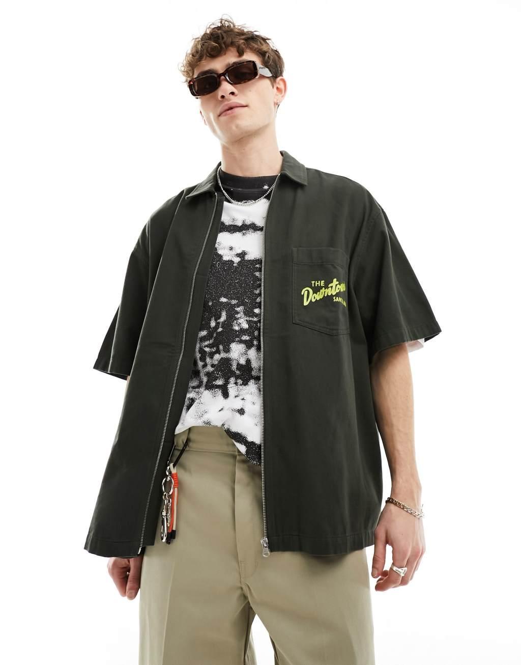 ASOS DESIGN 90s oversized twill shirt with zip front and back print Product Image