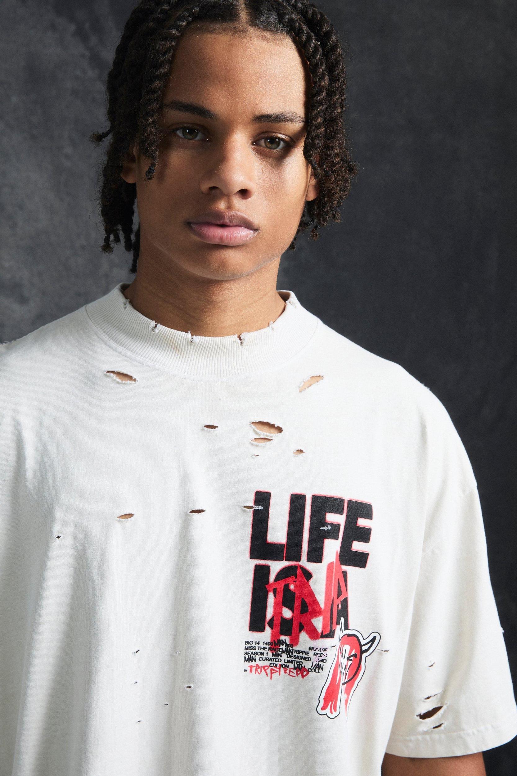 Trippie Redd Oversized Extended Neck Heavyweight Washed Life T-shirt | boohooMAN USA Product Image
