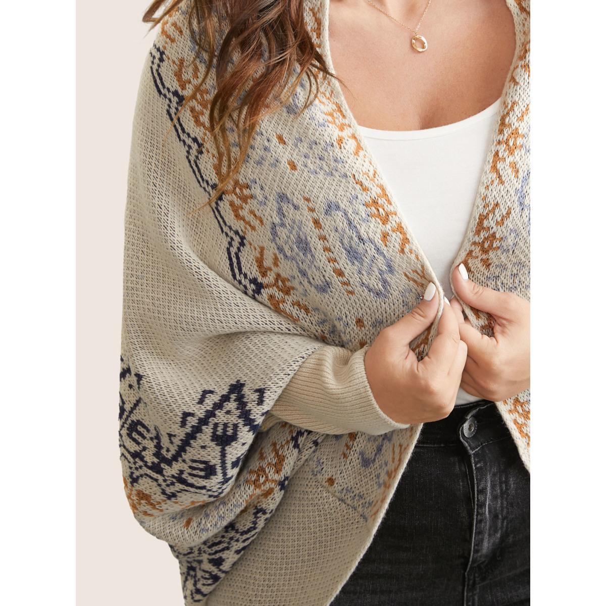 Plus Size Boho Print Dolman Sleeve Jacquard Cardigan Beige Women Casual Loose Long Sleeve Everyday Cardigans BloomChic 26/4X Product Image