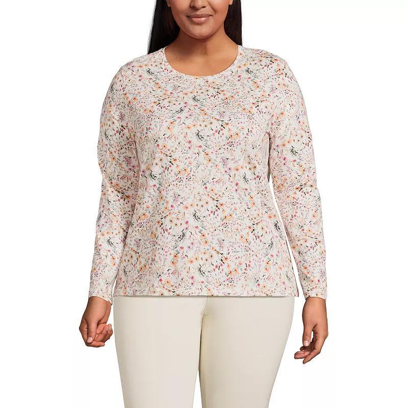 Plus Size Lands' End Long Sleeve Relaxed Supima Cotton Crewneck Tee, Women's, Size: 1XL, Ivory Black Stripe Product Image