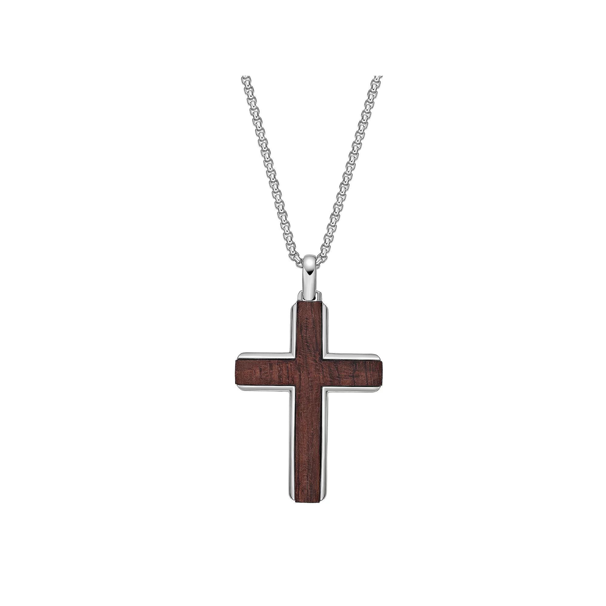 Mens LYNX Stainless Steel & Bubinga Wood Polished Cross Pendant Necklace Product Image