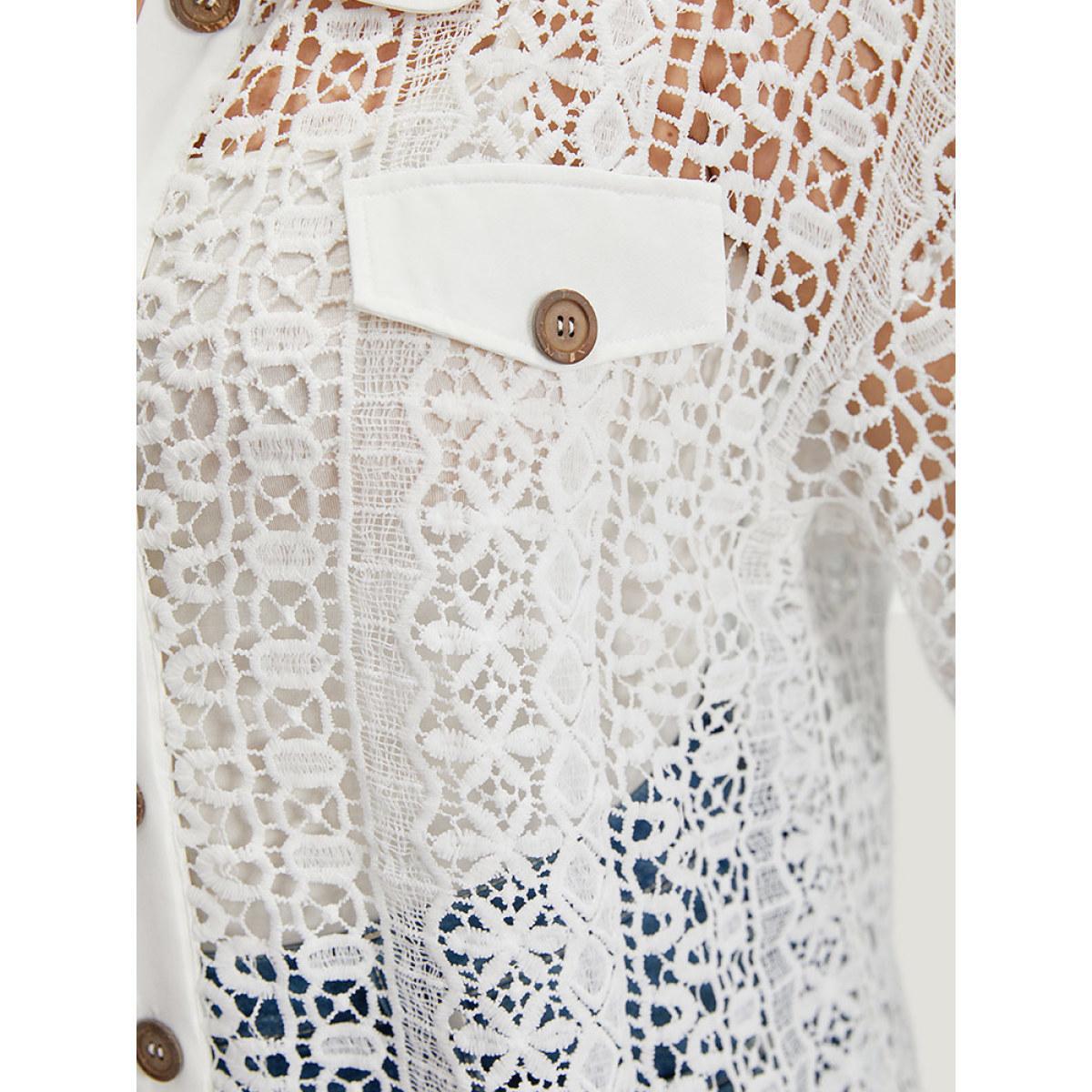 Plus Size Plain Cut Out Lace Patchwork Button Through Jacket Women White Casual Patchwork Ladies Dailywear Winter Coats BloomChic 14-16/1X Product Image