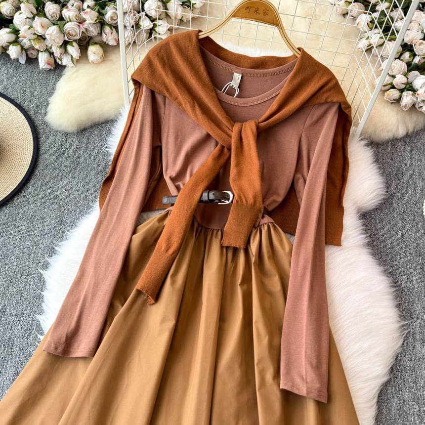 Set: Long-Sleeve Plain Maxi A-Line Dress + Shawl Product Image