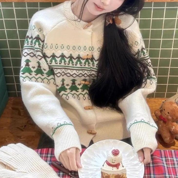 Crew Neck Pattern Jacquard Toggle Cardigan Product Image