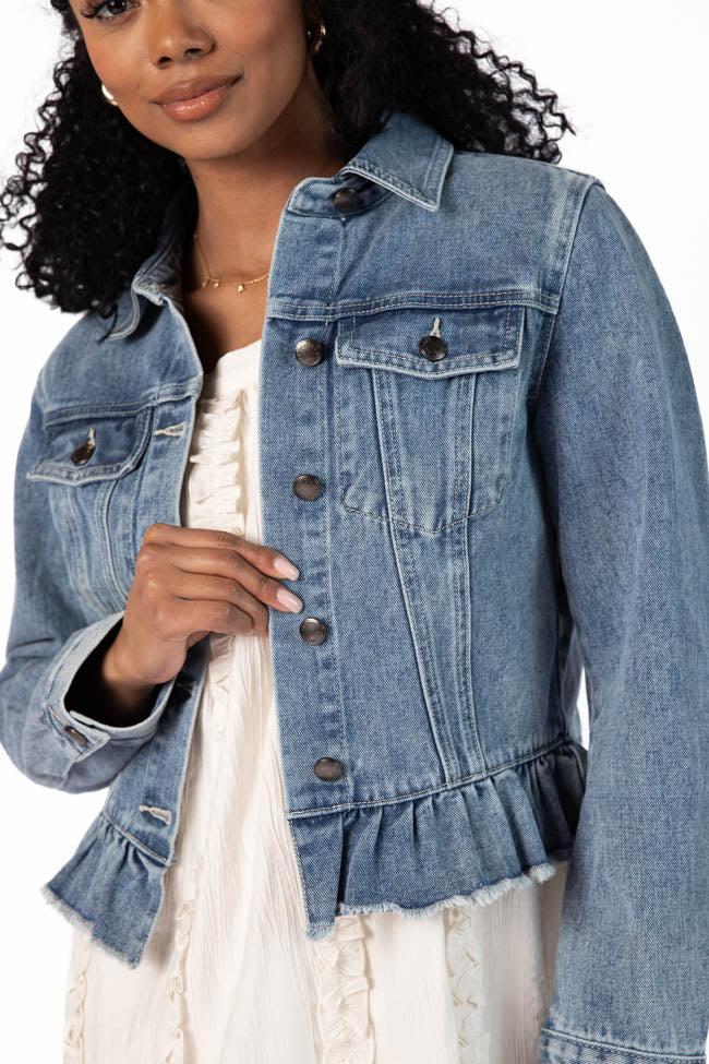 Denim Dreams Light Wash Peplum Detail Denim Jacket Product Image