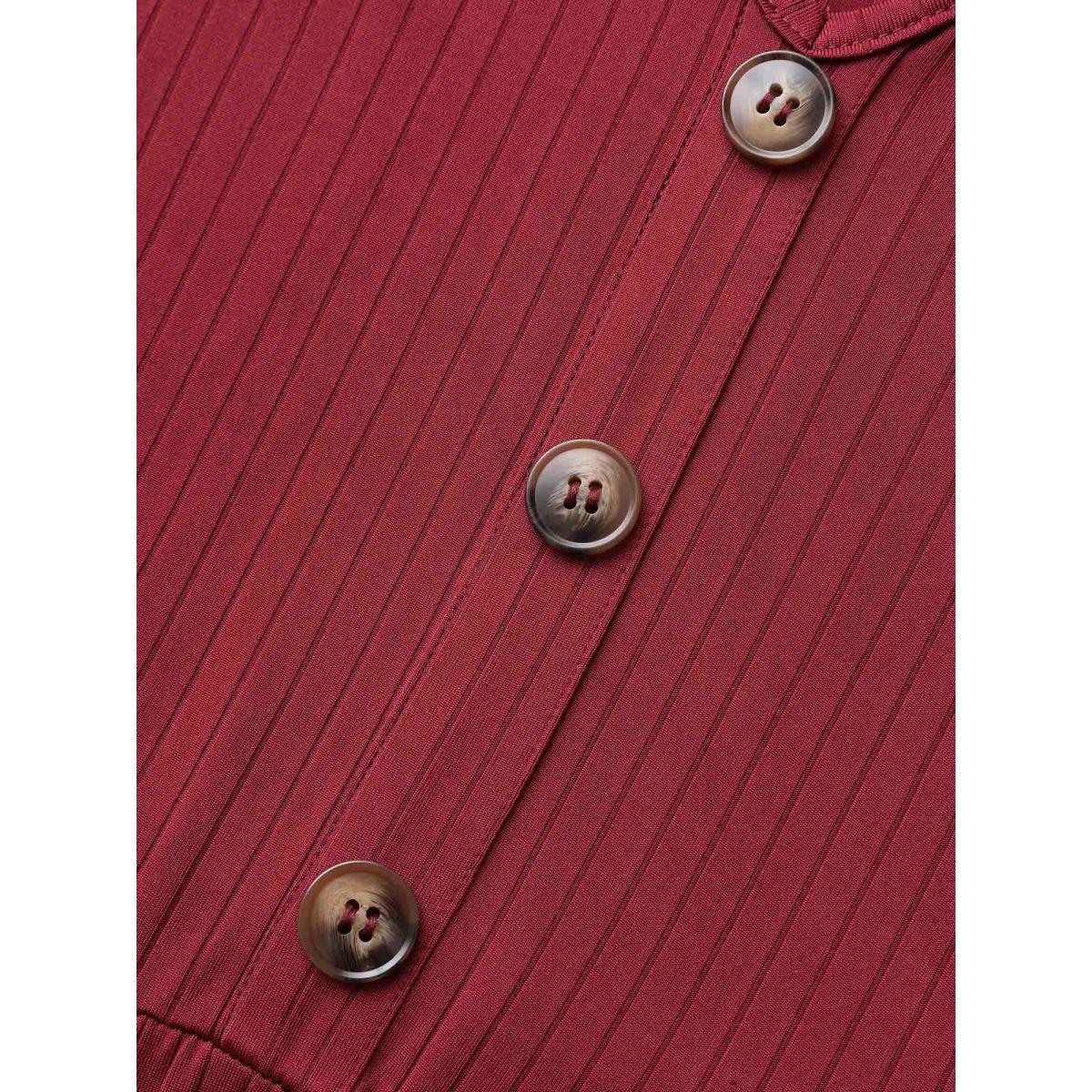 Plus Size V Neck Button Detail Rib Knit Dress Burgundy Women Casual Texture V-neck Long Sleeve Curvy BloomChic 30/6X Product Image