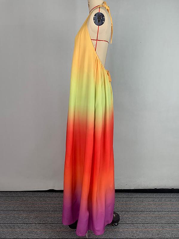 Loose Sleeveless Backless Contrast Color Pleated Split-Joint Tied Spaghetti-Neck Maxi Dresses Product Image