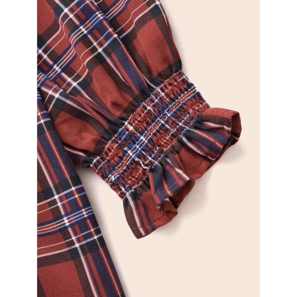 Plus Size Browncoffeecolor Plaid Contrast Webbing Ruffle Trim Blouse Women Elegant Long Sleeve Flat collar with V-notch Everyday Blouses BloomChic 22-24/3X Product Image